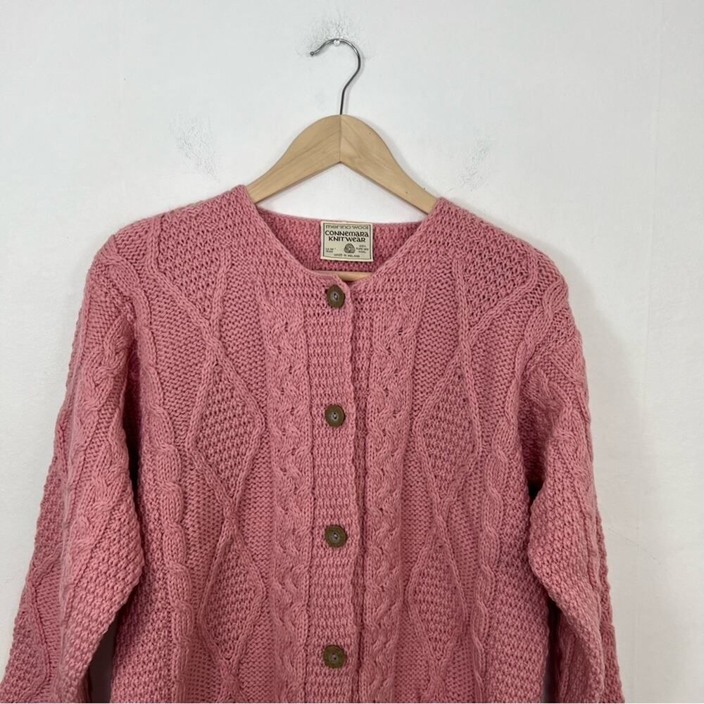 Connemara Knitwear Pink Irish Cable Knit Merino Wool Cardigan Sweater Size S - Picture 7 of 10